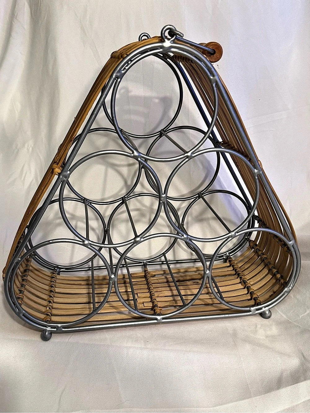 Vintage Metal & Bamboo 6-Bottle Wine Caddy Carrier Rack w/ Handle